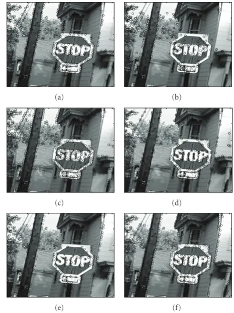 Figure 6: Feature points detected by (a) Harris method (b) Lowe’smethod, (c) Tomasi’s method, (d) Loupias’s technique, (e) Yeh’salgorithm, and (f) proposed technique.
