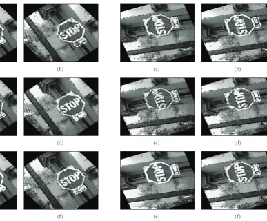 Figure 7: Feature points detected in 40method (b) Lowe’s method, (c) Tomasi’s method, (d) Loupias’s◦ rotated image by (a) Harristechnique, (e) Yeh’s algorithm, and (f) proposed technique.