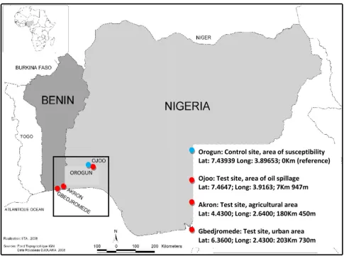 Figure 2Map showing details of the four study sites and their locality in relation to the control site of OrogunMap showing details of the four study sites and their locality in relation to the control site of Orogun.