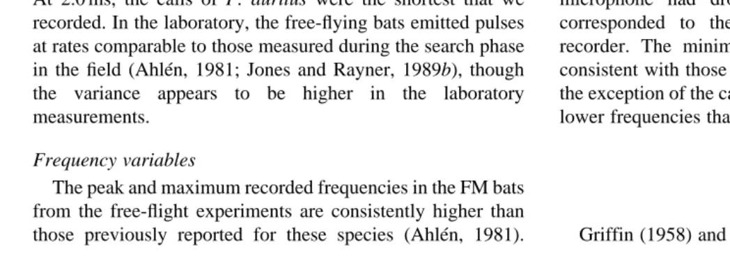 Table 2. Call characteristics of bats in free ﬂight