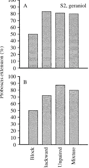 Fig. 5. Response levels to the S2 (geraniol) odorant in two different extinction trials (A, test 1;B, test 2) in each of four groups that differed in terms of the association of S1 with sucrose in
