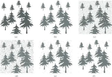 Figure 1: Segmentation result of the algorithm for a typical image of synthetic dataset: (a) original image, (b) modiﬁed image with mediumlevel of contrast, (c) noisy image of (b) with high additive and multiplicative noise, (d) FCM result, (e) and (f) direct-MC and indirect-MCwith automatic seed selection results, respectively.