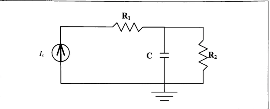 Figure 2-2.Three-element Windkessel model shown as an electrical circuit analog withcurrent source representing aflow driver.