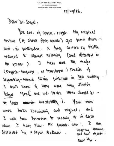 FIGURE 2Oliver Sacks’s letter to Nancy Segal. Courtesy: Nancy Segal.