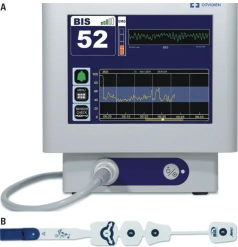 Fig. 1. BIS monitor and a sensor. The BIS is a processed electroencepha-logram monitor that measures the hypnotic effects of anesthetics and sedatives