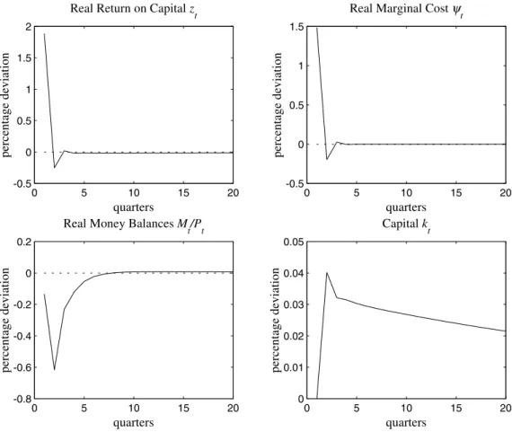 Figure 3: Impulse Response Functions for z t ,  ψ t ,  M t −  P t ,  k t