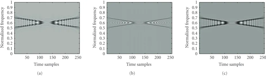 Figure 2: Scale covariant distribution for a Gabor logon and its time-scaled version. (a) Scale covariant distribution, (b) Wigner distribution,and (c) Wavelet distribution using the Morlet wavelet.