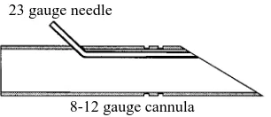 Fig. 1. Diagram of a double-bore stainless-steel cannula used to cannulate the vessels of thecrocodile heart (23 gauge=0.6 mm, 8–12 gauge=3–2.2 mm diameter).