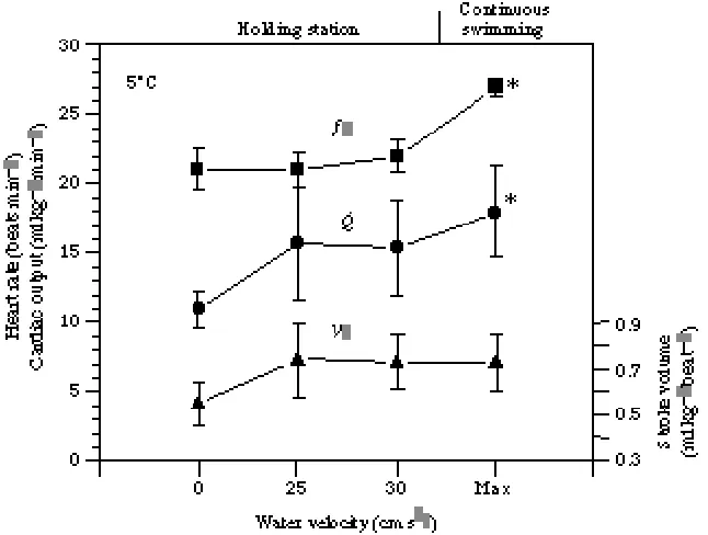 Fig. 3. The inﬂuence of water ﬂow on the mean (±Qasterisk denotes a signiﬁcant difference between a trait at one water ﬂow and that trait in ﬁsh atwhenswimming maximally (Max) was 32cm s(zero water velocity), holding station against a water ﬂow and swimmin