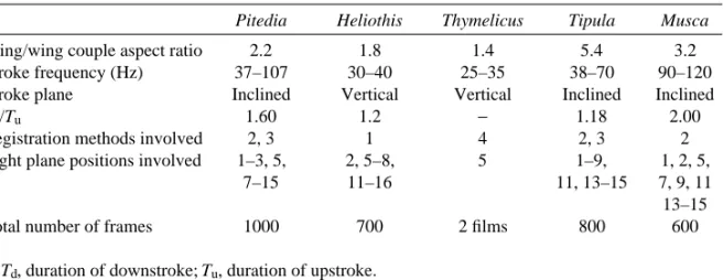 Table 1. Morphological and kinematic variables of the species studied Pitedia Heliothis Thymelicus Tipula Musca