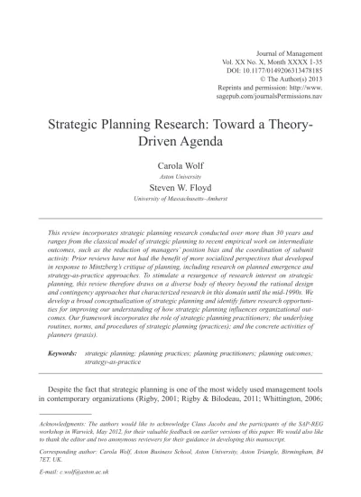 strategic planning research toward a theory driven agenda