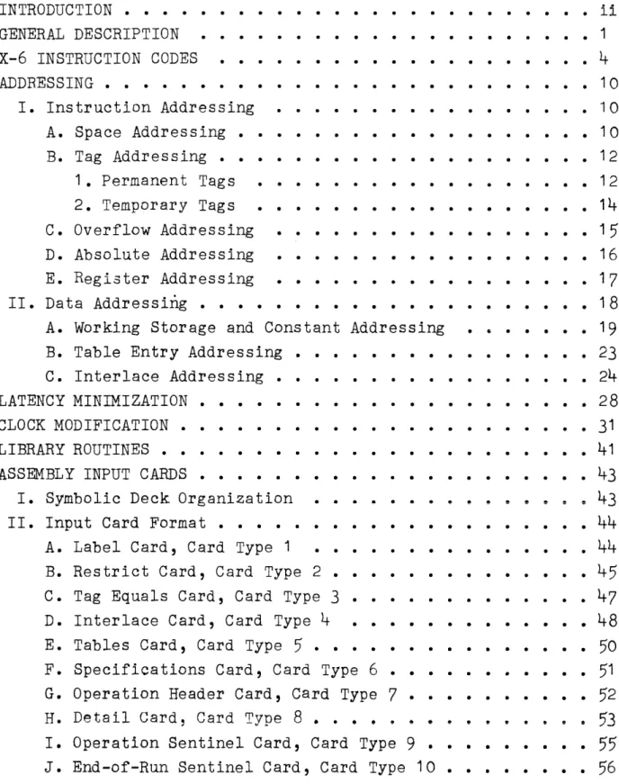 TABLE  OF  CONTENTS  INTRODUCTION  •  •  •  •  •  •  G~NERAL  DESCRIPTION  X-6  INSTRUCTION  CODES  