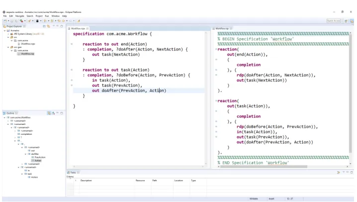 Fig. 3. The Eclipse IDE supporting the development ofleft). Generated ReSpecTX programs (on the ReSpecT code (on the right) is editable too.