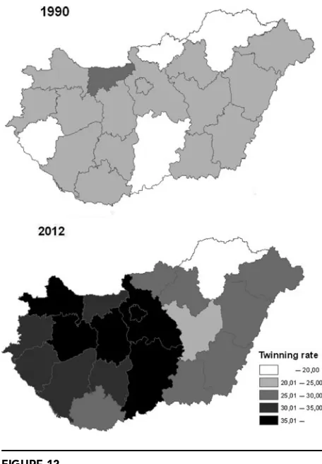 FIGURE 11Twinning rate in Budapest (capital) districts in 1990 and 2012.