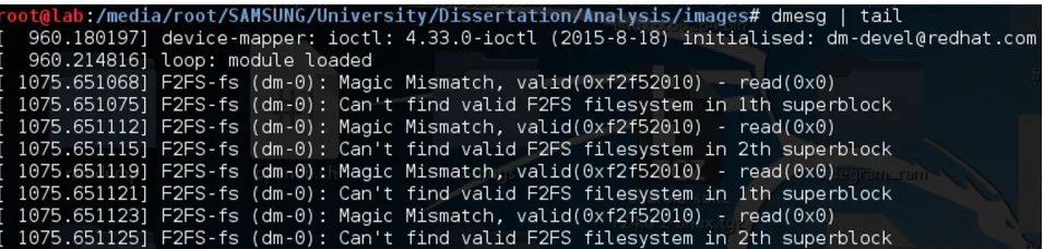Figure 3. Error messages from attempting to mount "userdata" forensic image 