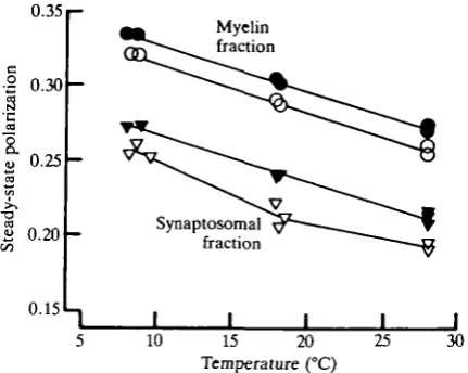 Fig. 7. Steady-state polarization of DPH-labelled membrane fractions as a function oftemperature and prior acclimation temperature