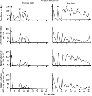 Fig. 2. Graphs for the anterior temporalis of cat 1 masticating cooked and raw beef.Conventions as in Fig