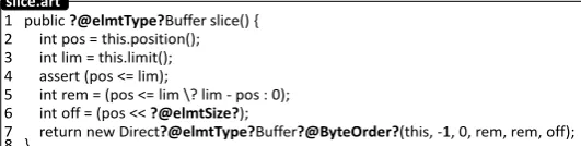 Fig. 6. Generic method slice() recurring in 13 Direct[T]Buffer[S|U] classes