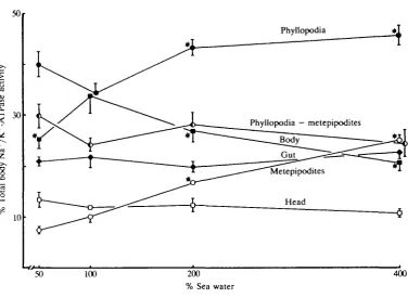 Fig. 4. Na+body parts from 5-10 brine shrimps. Asterisks indicate significant differences from/K+-ATPase enzyme specific activity in crude homogenates of variousbody parts of Anemia salina acclimated for 14 days in seawater media