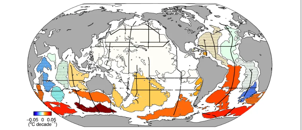 FIGURE 2 | Deep basin (thin solid lines) average warming rates below 4,000 m from the 1990s to the 2000s (Johnson (2010)Experiment (WOCE) (◦C decade–1, colorbar) based on data from Purkey and