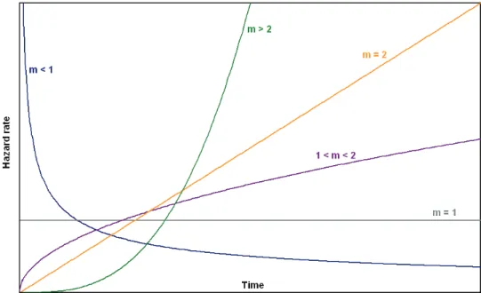 Figure 4: Weibull hazard rate for different values of the shape factor m  