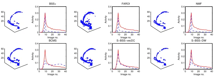 Fig. 8. Estimates of the blood tissue in the PET sequence composed of pixels belongingto the blood on the left and their time activity on the right