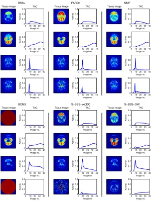 Fig. 3. The example results from the BSS+, FAROI, BCMS, NMF, S-BSS-vecDC, and S-BSS-DW algorithms are shown using sequence from the 10th slice