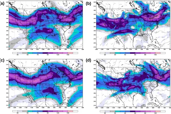 Figure 2.2. NAM analyses of isotachs (kts; shaded), wind observations, and heights (dm) at (a,c) 250 mb and (b,d) 500 mb at (top row) 1200 UTC 6 May 2010 and (bottom row) 0000 UTC 7 May 2010