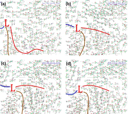 Figure 2.3. RAP surface observations at (a) 1207, (b) 1807, (c) 2207 UTC 6 May 2010, and (d) 0007 UTC 7 May 2010
