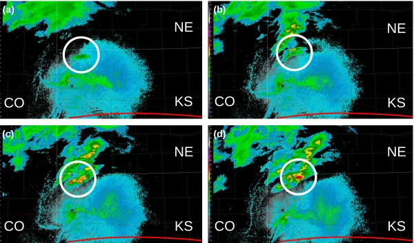 Figure 2.7. Reflectivity (dBZ) from the Goodland, KS (KGLD) WSR-88D radar showing initiation of the target supercell at (a) 2242:26, (b) 2305:35, (c) 2324:02, and (d) 2328:39 UTC 7 May 2010