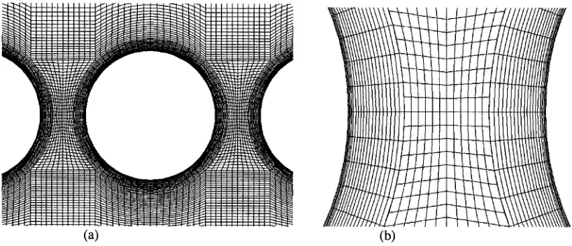 Figure 2: Computational Mesh used in CFD Calculations: (a) View of the Mesh Around One Tube; (b) Detail of Mesh Near Tube Walls 