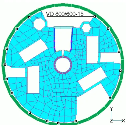 Fig. 9. Distribution of dampers at the upper deck of  Reactor Island (horizontal plane) 