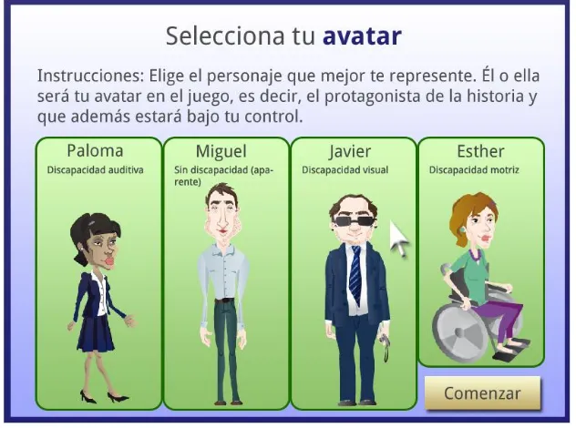 Fig. 4. Snapshot of the game "My First Day at Work", showing the avatar selection screen