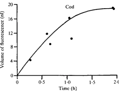 Fig. 8. The rate of change in the volume of fluorescencelarvae in in the guts of 19-day-old cod 32 %c sea water