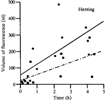 Table 3. Regression equations relating the volume of fluorescence (V,, nl) and thetotal fluorescence (Tf) in the gut of 41-day post-hatch herring larvae to the time of