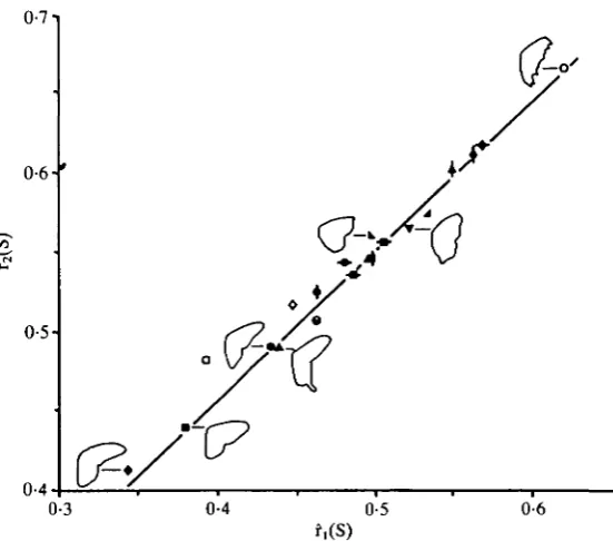 Fig. 4. Graph representing the relationship between shape parameters ?i(S) and ?2(S)-Wing planforms are given for data plotted from the current study, to show how shapevaries along the curve