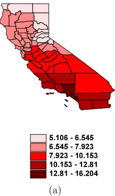 Figure 3: a) county averaged PM2.5 values