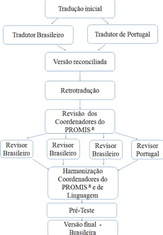 Figura 1  – Fluxograma do processo de tradução e adaptação transcultural do Banco de Itens  Mobilidade Pediátrica do PROMIS ®
