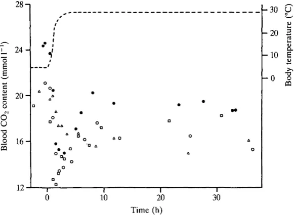 Fig. 7. Response of blood CO2 concentration to lowering body temperature fromabout 30 to 5°C in four Coluber constrictor