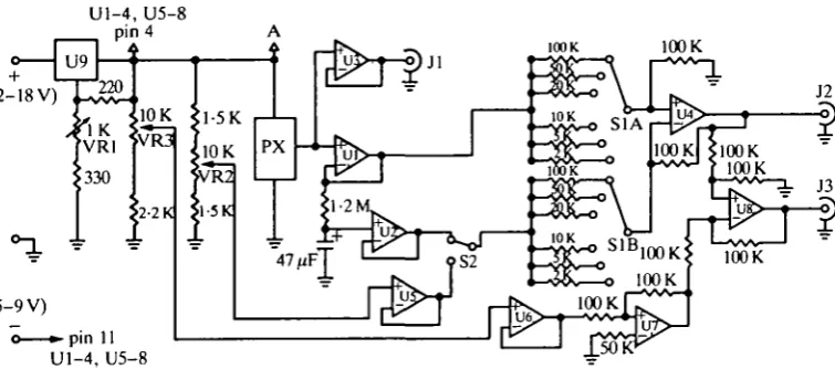 Fig. 1. Circuit diagram of the pressure transducer. PX is the pressure sensor (see text).U1-U8 are two LM324 or equivalent quad operational amplifiers (dual or single op-amps,and a IK (fine adjustment) potentiometer