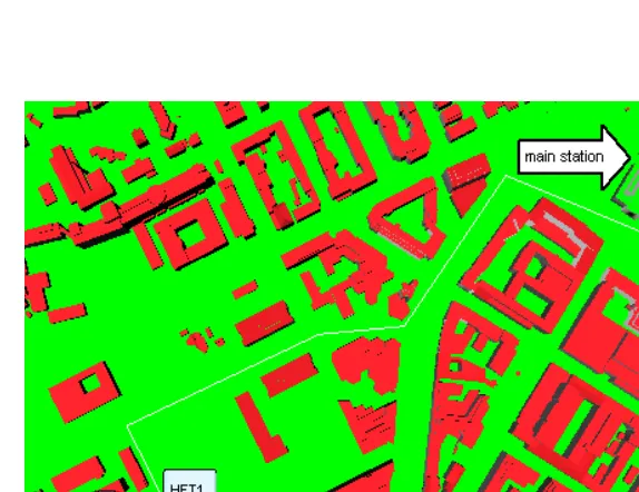 Figure 10: The white line represents the path that we modeled 25 buildings from main station to the University of Applied Science in Stuttgart.