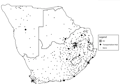 Figure 1.7: A schematic representation the logistical footprint of PEP across Namibia, Botswana, South Africa, Lesotho and Swaziland.