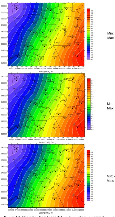 Figure 4.6: Geometric Geoid of each four, five and seven parameters model. Contour interval for every 10cm (0.100m) 