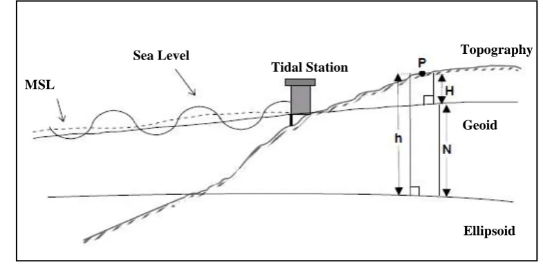 Figure 2.1:  Relationships between the surface of topography, geoid and ellipsoid 
