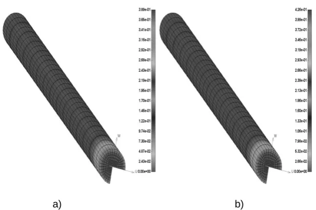 Fig. 11. The wall shear stress in the blood vessel model for early flow deceleration t=0.4 s: a) Deformable walls; b) Rigid walls 