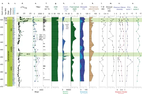 Figure 9. ODP Site 1260 data. Legend same as Fig. 4. δ13Corg data from Erbacher et al
