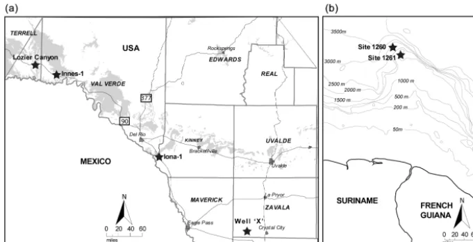 Figure 2. Site locations. (a) SW Texas map showing core locations (black stars): grey shading – Eagle Ford Gr., outcrop belt