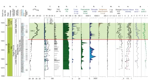 Figure 5. Innes-1 core data. Legend same as Fig. 4. Lithology after Minisini et al. (2017).