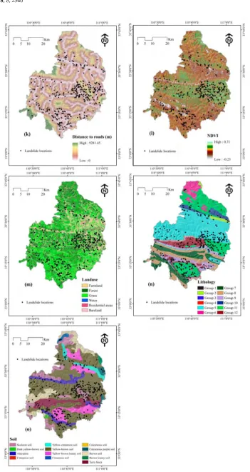 Figure 3. Landslide conditioning factors: (a) Altitude; (b) plan curvature; (c) profile curvature; (d) slope angle; (e) slope aspect; (f) topographic wetness index (TWI); (g) stream power index (SPI); (h) sediment transport index (STI); (i) distance to rivers; (j) distance to faults; (k) distance to roads; (l) normalized difference vegetation index (NDVI); (m) land use; (n) lithology and (o) soil.