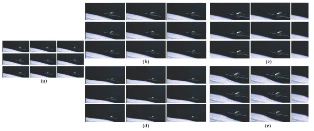Fig. 9. Comparison results of a space image sequence for the four resizingmethods when the resolution is resized from 592×256 to 884×392: (a) theoriginal frames, (b) scaling, (c) the best cropping, (d) seam carving, and (e) ouralgorithm